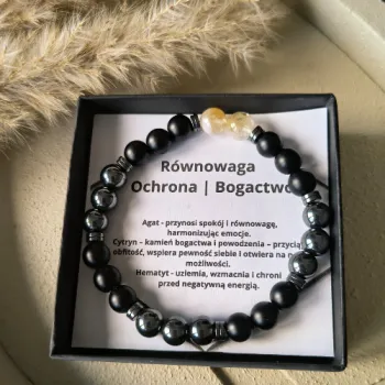 Bransoletka męska bogactwo ochrona równowaga cytryn hematyt grafitowy agat czarny talizman 8mm